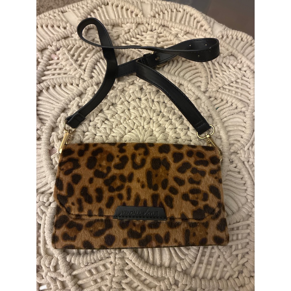 Kendall + Kylie Leopard Print Faux Fur‎ Crossbody Bag Wallet on a Chain Black